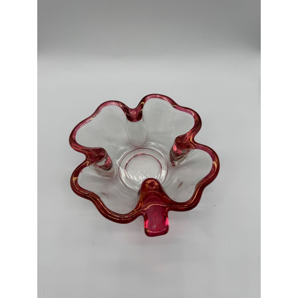 Vintage Glass Candy dish Ashtray Red Rim Clover Shaped bowl